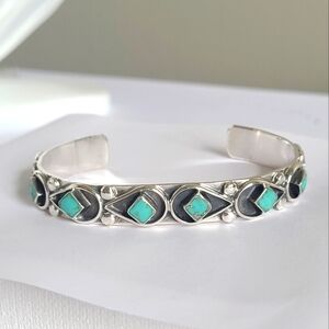 Vintage Boho Designer Sterling Silver Green Turquoise Open Cuff Bracelet